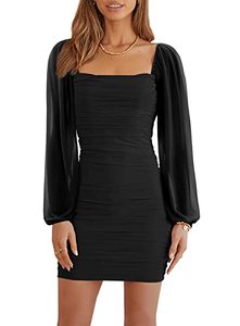 lot 7670 image: Wenrine Womens Mesh Long Sleeve Square Neck Ruched Party Club Cocktail Bodycon Mini Dress Black
