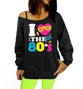 lot 7675 image: Smile Fish Womens I Love The 80s Sweatshirt Off The Shoulder Printed Long Tunics Top,XL