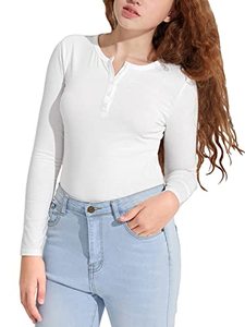 lot 7677 image: SHENHE Girls Solid Long Sleeve Button Up Round Neck Fitted Henley T Shirt Tee Tops 12-13Y White