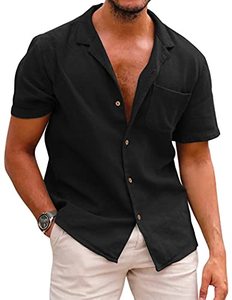lot 7684 image: COOFANDY Men Cotton Linen Shirts Short Sleeve Button Down Relaxed Fit Floral Beach Shirts A- Black