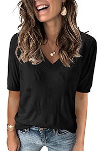 lot 7685 image: Arach&Cloz Womens Short Sleeve Sweaters Spring Summer Tops 2023 V Neck Lightweight Thin Knit Pullover (Black, Large)