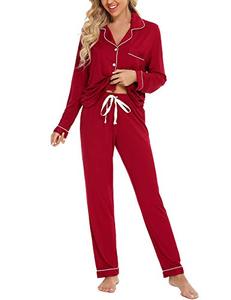 lot 7690 image: Anjue Womens Christmas Pajamas Set Long Sleeves Comfy Soft Cotton Sleepwear Printed Pattern Holiday Loungewear(Wine Red,XL)