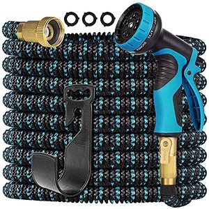 lot 7709 image: 25ft Expandable Garden Hose with 10 Functions Nozzle and 3-Layers Latex Water Hose Leakproof Retractable Garden hose with Solid Fittings (Blue)