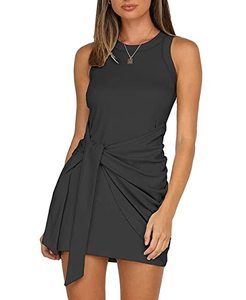 lot 7710 image: LIYOHON Womens Summer Casual Beach Dress Sleeveless Ruched Tie Tank Bodycon Wrap Mini Dresses Black-M