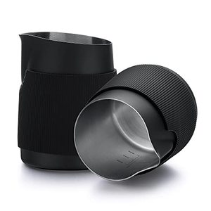 lot 7730 image: Normcore Handleless Milk Pitcher - Espresso Steaming Pitcher with Round Spout - 188 Stainless Steel Milk Frothing Jug, Black Non-Stick - Premium Barista Tools - Black - 15.2 oz (450 ml)