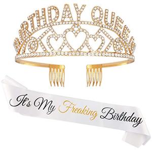lot 7731 image: Zipoka Freaking Birthday Queen Birthday Sash for Women - Premium Gold Rhinestone Birthday Tiara Crown & Earring Kit - Funny Birthday Crowns for Women - Girls Happy Birthday Sash and Tiara for Women
