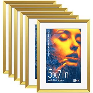 lot 7732 image: VCK Gold Picture Frames Metal 5x7 Set of 6, Aluminum Photo Frames with Tempered Glass, Multi Frames Display 4x6 Photo with Mat or 5x7 Without Mat for Wall, Vertical or Horizontal Tabletop