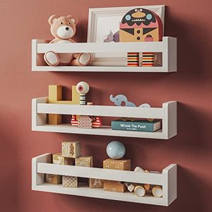lot 7735 image: NATURE SUPPLIES Set of 3 White Nursery Room Shelves - Solid Wood Ideal for Books, Toys and Decor (Classic White)