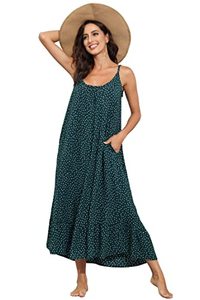 lot 7747 image: BUENOS NINOS Womens V Neck Floral Maxi Dress Boho Printed Adjustable Spaghetti Strap Ethnic Beach Long Dress with Pockets XXL Green Dot Dress