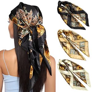 lot 7759 image: AWAYTR 35� Large Square Satin Head Scarf - 3Pcs Satin Hair Scarves Silk Bandana Scarf Beach Headscarf Silk Feeling Scarf for Women Hair Wrap Neck Scarf Cashew(CamelBlackBeige)