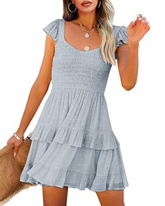 lot 7769 image: Fessceruna Ruffle Mini Dresses for Womens Flare Layered Elegant Drape A-line Swing Flowy Midi Dress Summer A-Blue