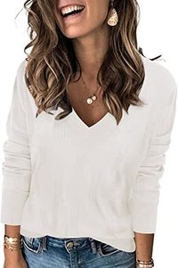 lot 7771 image: Arach&Cloz Womens Spring Fall Tops Fashion 2023 V Neck Long Sleeve Pullover Jumper Knitted Casual Sweater (Off White, Medium)