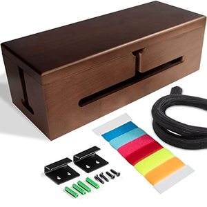 lot 7849 image: HomeBliss Walnut Large Cable Box - Cord Organizer Cable Management Box for Cord Hider and Cord Management - Cable Organizer Box with Protector Cable Sleeve