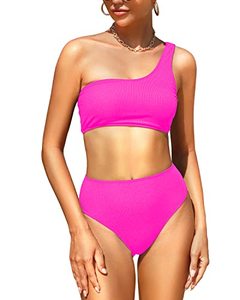 lot 7035 image: Tempt Me Women Hot Pink One Shoulder High Waisted Bikini Ribbed Two Piece Swimsuits High Cut Bathing Suit with Bottom L
