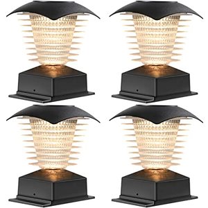 lot 7038 image: Solar Post Lights Outdoor, Waterproof Fence Post Lights Solar Powered, Wood 4X4 Solar Post Cap Lights, Solar Deck Post Lamp Decorations Patio Porch Railing, 4 Pack