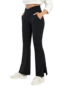 lot 7051 image: Womens Bootcut Yoga Pants Work Pants Crossover Split Hem Full Length Flare Leggings with Pocket Black