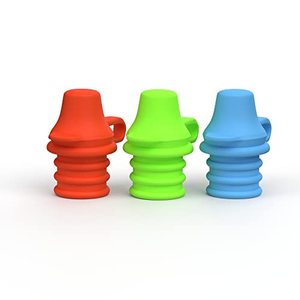 lot 7347 image: KiddiKap- No Spill Silicone Bottle Top Spout 3 Pack Bundle (Red, Blue, Green) BPA Free