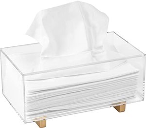 lot 7349 image: YoBa 3mm Thick Acrylic Tissue Box Holder Rectangular Clear Tissue Box Dispenser with Gold Plated Aluminum Legs for Bathroom, Kitchen, Bedroom, Office and Restaurant