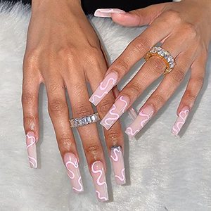 lot 7351 image: Glossy Nude Coffin Press on Nails Extra Long Ballerina Fake Nails Pink Stripe Graffiti Full Cover Acrylic False Nails Artificial Nail Tips for Women Girls 24PCS