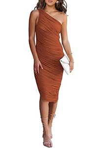 lot 7357 image: PRETTYGARDEN Womens Ruched Bodycon Dress 2023 Summer One Shoulder Sleeveless Party Cocktail Pencil Dresses (Caramel,Small)