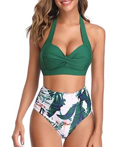 lot 7368 image: Tempt Me Womens Vintage Swimsuits Green Retro Halter Ruched High Waist Bikini with Bottom L