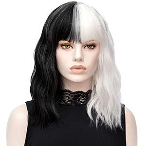 lot 7373 image: TANTAKO� Women Short Wavy Halloween Costume Wig Half Black Half White Heat Resistant Wig Carnival Party Masquerade Anime Halloween Cosplay Wig (Adult Size B)