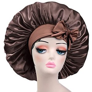 lot 7377 image: Satin Bonnet Silk Bonnet with Elastic Tie Band Adjustable Straps Hair Bonnet Jumbo Size for Sleeping Satin Bonnet Stretchy Tie Band for Women Long Curly Braid Hair (Coffee)