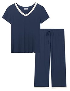 lot 7382 image: Joyaria Womens Summer Pajamas Cooling LightLightweight Thin Bamboo Viscose Pjs Set Comfy Sleepwear (Navy Blue, XX-Large)