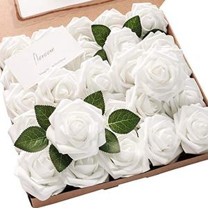 lot 7384 image: Floroom Artificial Flowers 50pcs Realistic White Foam Fake Roses with Stems for DIY Wedding Bouquets Baby Shower Centerpieces Floral Arrangements Party Tables Home Decorations