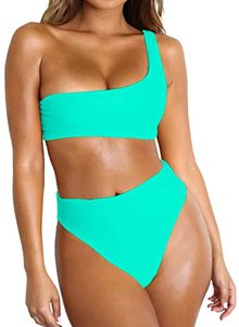 lot 7388 image: Byoauo Womens One Shoulder Bikini Top with High Waisted Bottom Two Piece Swimsuits Green Bikini