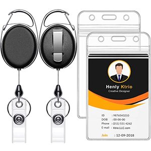 lot 7394 image: KTRIO 2 Pack Retractable Badge Holders, ID Badge Holders with Heavy Duty Carabiner Reel Clip, Vertical Style Clear ID Card Holders with 28 inches Kevlar Pull Cord