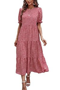 lot 7403 image: PRETTYGARDEN Womens Summer Casual Boho Dress Floral Print Ruffle Puff Sleeve High Waist Midi Beach Dresses (Red,Large)