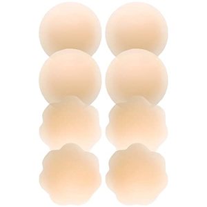 lot 7407 image: QUXIANG 4 Pairs Pasties Women Nipple Covers Reusable Adhesive Silicone Nippleless Covers Bra for Dress Cream (2 Round2 Flower)