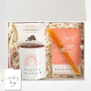 lot 7408 image: Unboxme Mug  Tea Gift Box For Her  Get Well Soon, Thinking Of You, Sympathy, You Got This, or Birthday Gift Basket  Care Package For Women, Mom, Sister, Best Friend (Sending Hugs Card)