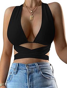 lot 7411 image: Kaximil Womens Sexy Sleeveless Halter Criss Cross Cami Lace Up Self Tie Tank Crop Tops, S-M, Black