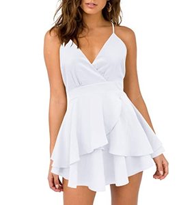 lot 7413 image: firfig Womens Summer Dresses Deep V-Neck Spaghetti Strap Backless Flowy Swing Dress White L