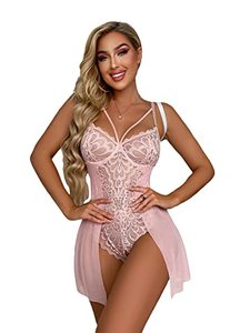 lot 7019 image: SHENHE Womens Lace Mesh Crotchless Underwire Babydoll Lingerie Teddy Bodysuit Pink L
