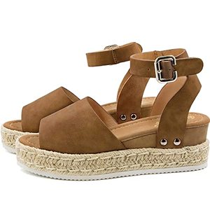 lot 7810 image: Athlefit Womens Platform Sandals Espadrille Wedge Ankle Strap Studded Open Toe Brown Sandals