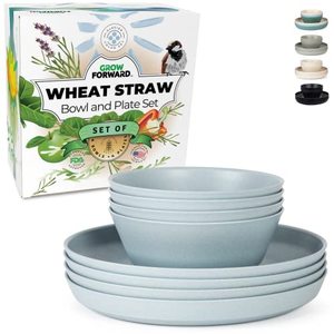 lot 7817 image: Grow Forward Premium Wheat Straw Plates and Bowls Sets - 8 Unbreakable Microwave Safe Dishes - Reusable Wheat Straw Dinnerware Sets - Plastic Plates and Bowls Alternative for Camping, RV - Glacier