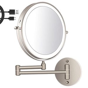 lot 7819 image: Amelar 8 Inch Wall Mounted Makeup Mirror USB Rechargeable LED 3 Color Lights Two Sided 1X10X Magnifying Mirror Touch Switch Intelligent Shutdown 360° Swivel Vanity Mirror for Bathroom Hotel(Nickel)
