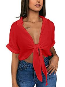 lot 7821 image: GOBLES Womens Summer Short Sleeve Shirts V Neck Tie Knot Batwing Blouses Tops Red