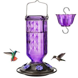 lot 7822 image: Kingsyard Glass Hummingbird Feeder for Outdoor Hanging, 24 Ounces, 6 Feeding Ports, Bird Nectar Feeder for Garden Dcor, Ant Moat Included, Purple