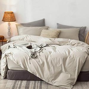 lot 7825 image: MooMee Bedding Duvet Cover Set 100% Washed Cotton Linen Like Textured Breathable Durable Soft Comfy (Tannish Cream Grey, Queen)