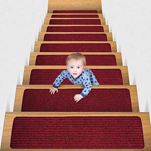 lot 7827 image: MBIGM 8 X 30 (15 in Pack) Non-Slip Carpet Stair Treads Non-Skid Safety Rug Slip Resistant Indoor Runner for Kids Elders and Pets with Reusable Adhesive,Machine Washable,RED