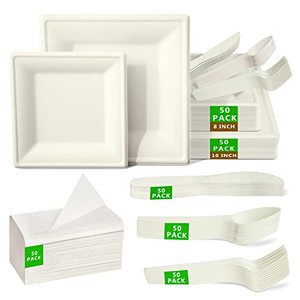 lot 7833 image: Compostable Disposable Paper Plates Set -300 Pcs10 inch 8 inch Heavy Duty Biodegradable Square Plates and Spoons,Forks,Knives,Napkins-Eco-Friendly Party Paper Plates Bulk