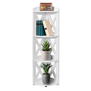 lot 7834 image: NHZ Corner Shelf Stand, Wood Corner Bookshelf, Corner Bookcase and Plant Stand (White, 4 Tier)