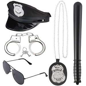 lot 8002 image: Beelittle Police Costume Accessories Police Hat Handcuffs Policeman Badge Police Officer Dress Up Costume Accessories for Cop Swat FBI Costume Party Halloween Role Play (Black 3)