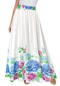 lot 8006 image: Afibi Women Floral Print Pleated Vintage Chiffon Long Maxi Skirt (X-Large, White Blue)