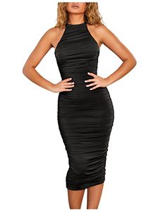 lot 8008 image: LVOW Womens Sexy Ruched Halter Neck Sleeveless Bodycon Chic Stretchy Club Midi Sheath Dress(Black,Medium)