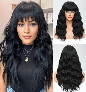 lot 8009 image: WAVE&BREEZE Black Wigs for Women 18inch Long Wavy Curly Hair Wigs with Bangs Synthetic Replacement Wigs Heat Resistant Fiber Party Costume Wig(18inch Natural Black)